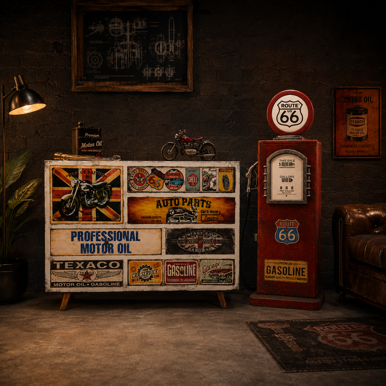Auto parts vintage garage kosol ve route 66 benzin pompası dolabı sahne görseli