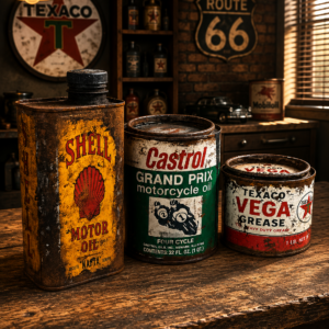Shell, Castrol ve Texaco temalı el yapımı vintage yağ tenekeleri