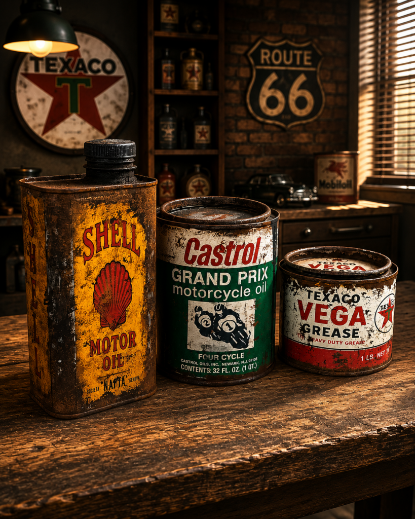 Shell, Castrol ve Texaco temalı el yapımı vintage yağ tenekeleri