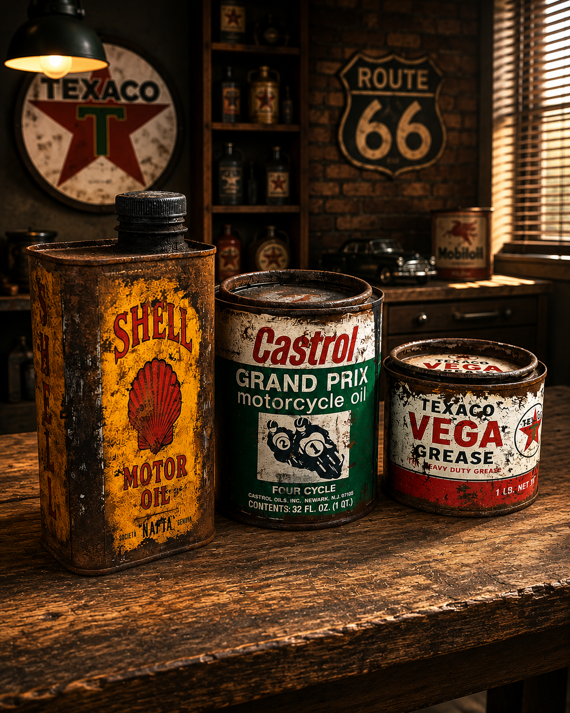 Shell, Castrol ve Texaco temalı el yapımı vintage yağ tenekeleri