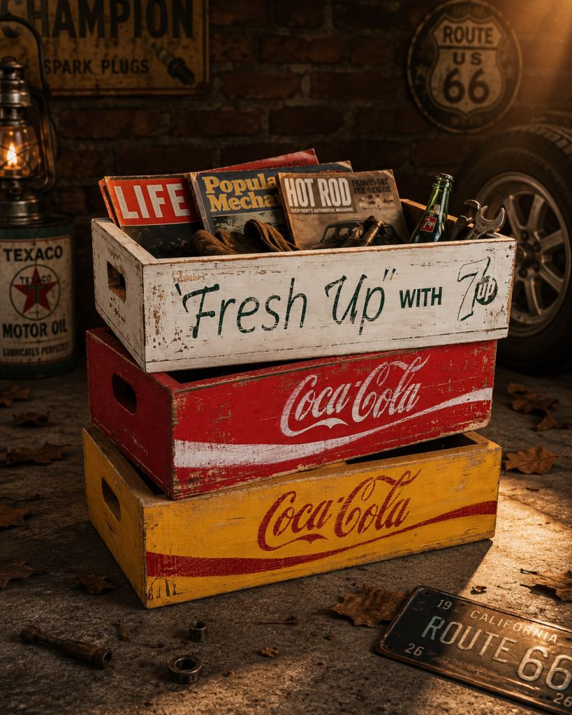 Üst üste dizilmiş Coca-Cola ve 7Up temalı el yapımı eskitme ahşap kasalar sahne görseli