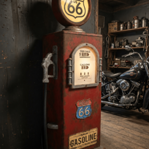 Route 66 temalı el yapımı benzin pompası dolabı
