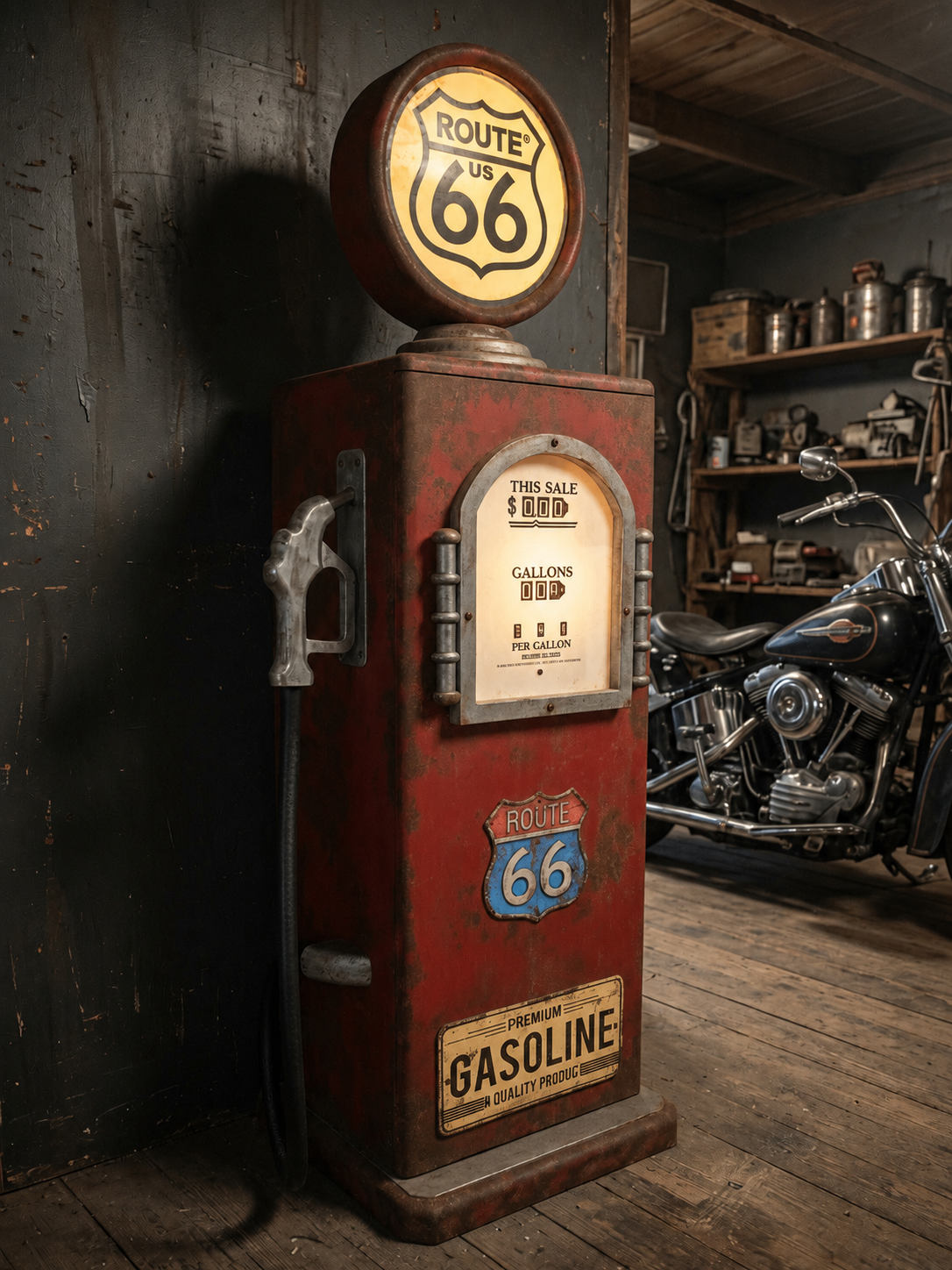 Route 66 temalı el yapımı benzin pompası dolabı