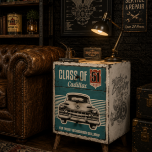 El yapımı Class of ’51 Cadillac Temalı Vintage Komodin – Sahne Görseli