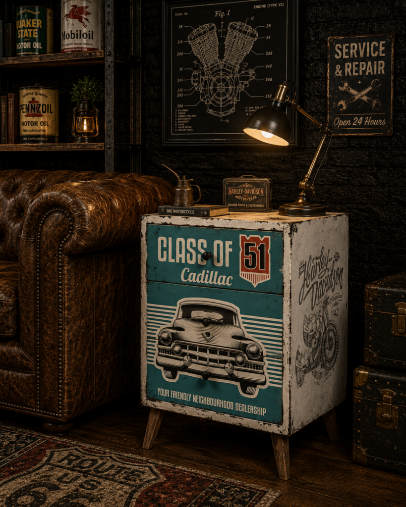 El yapımı Class of ’51 Cadillac Temalı Vintage Komodin – Sahne Görseli