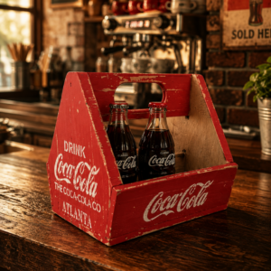 El yapımı vintage Coca-Cola ahşap taşıma kasasının sahne görünümü