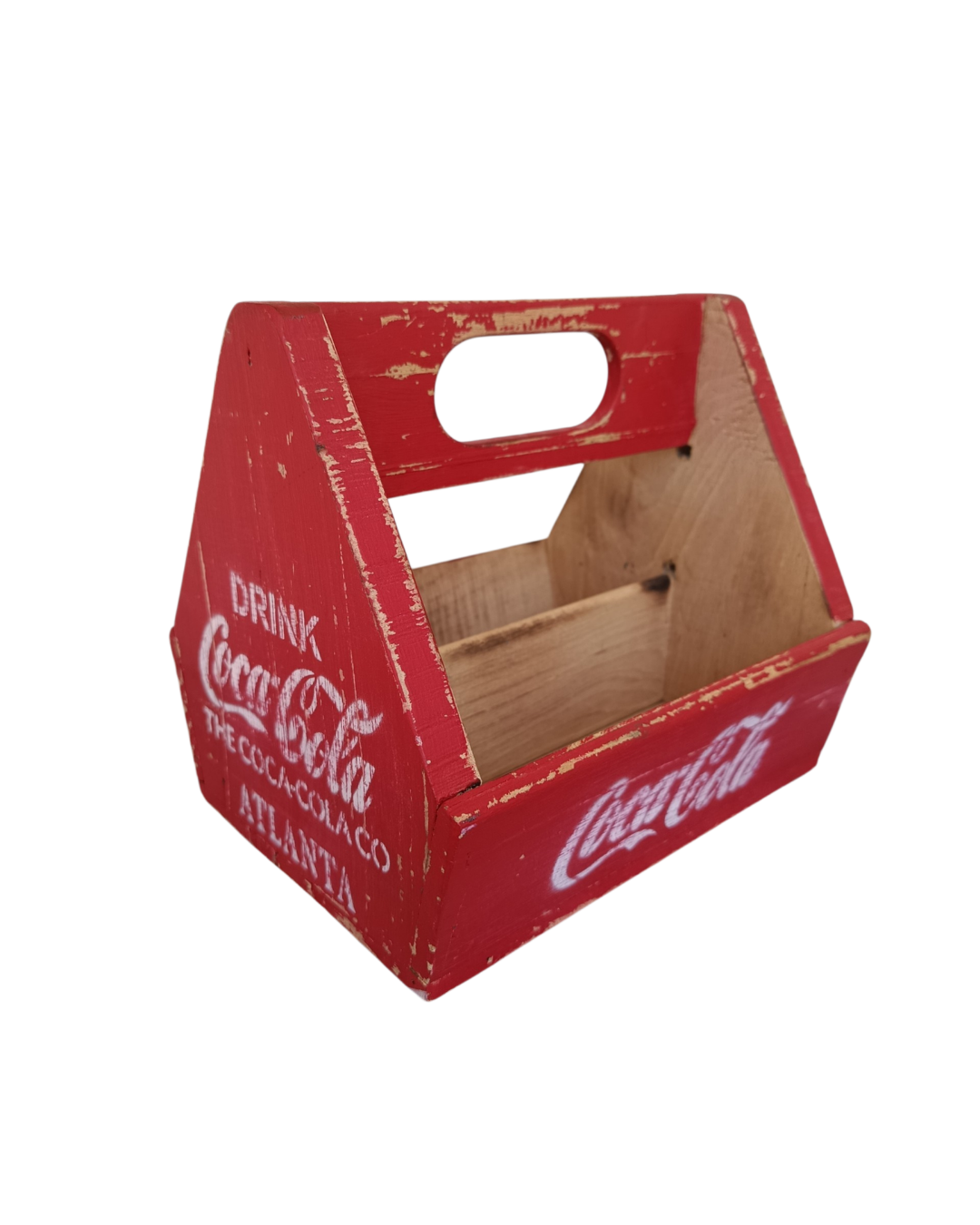 Vintage Coca-Cola Ahşap Taşıma Kasası – Yan Görünüş El yapımı vintage Coca-Cola ahşap taşıma kasasının yandan görünümü