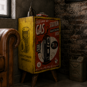 Endüstriyel mekânda sergilenen Gas Station baskılı vintage garage dolabı