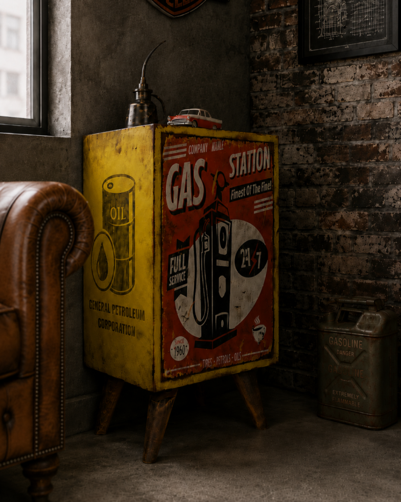 Endüstriyel mekânda sergilenen Gas Station baskılı vintage garage dolabı
