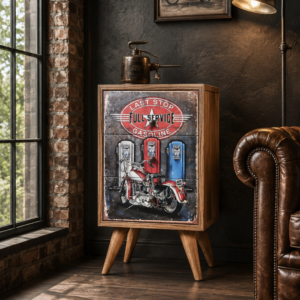 El yapımı Vintage Last Stop Full Service Motosiklet Temalı Komodin sahne görseli