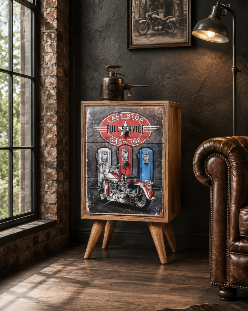 El yapımı Vintage Last Stop Full Service Motosiklet Temalı Komodin sahne görseli