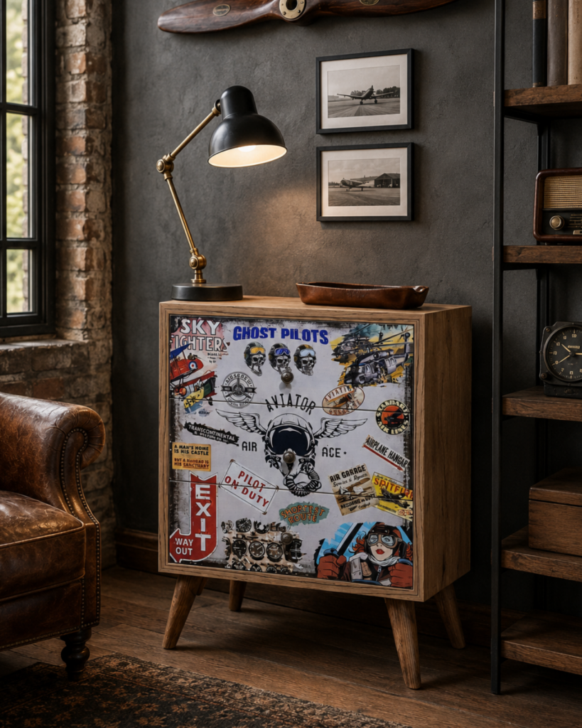 Pilot ve uçak grafikleriyle tasarlanan vintage komodinin retro garage ortamındaki sahne görünümü.