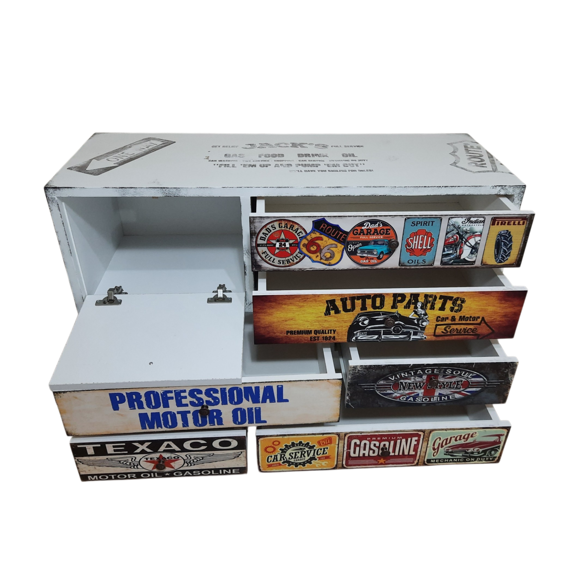 Auto parts vintage garage konsol ön görünüş çekmeceler açık